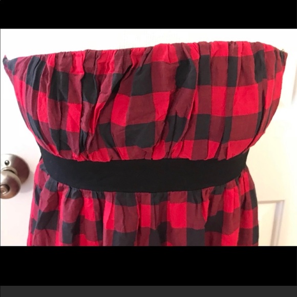 Checkered Red & Black Lace Hem strapless Dress M - Picture 5 of 7